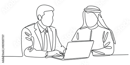 Continuous line drawing of cross-cultural business meeting