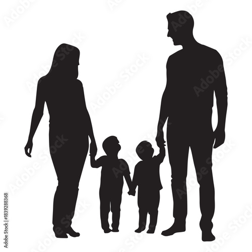 Silhouette of a happy family walking together holding hands in unity