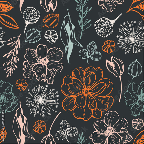 Floral background. Seamless vector pattern with hand-drawn flowers.