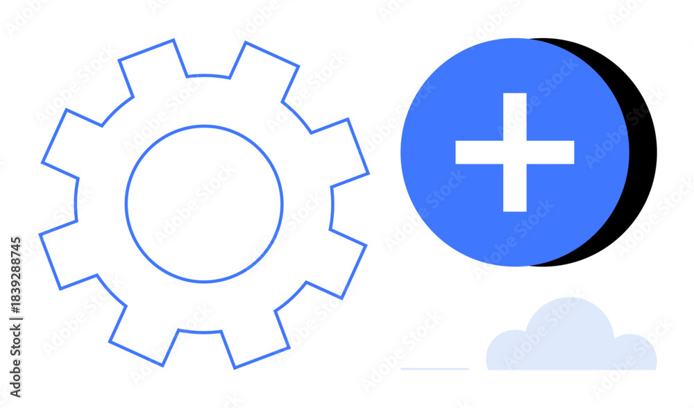 Obraz premium Technology integration. Gear and plus sign collaboration, innovation, and technology integration. Technology development for data systems, cloud networks, and programming solutions. For IT