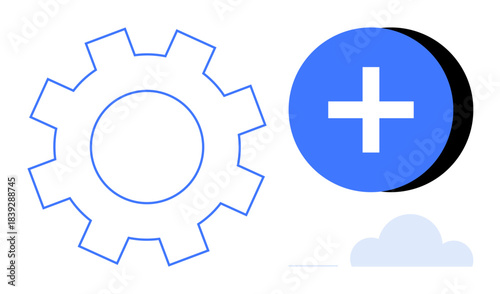 Technology integration. Gear and plus sign collaboration, innovation, and technology integration. Technology development for data systems, cloud networks, and programming solutions. For IT