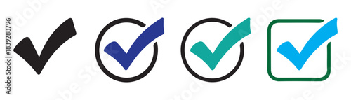 Set of black and green check mark icons in various styles isolated on white background