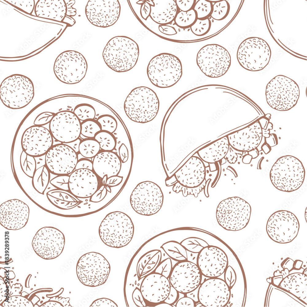 Naklejka premium Hand-drawn falafel set. Pita with falafel, falafel balls. Vector seamless pattern.