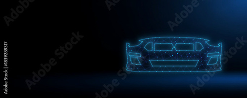 Automotive Future: Low-Poly Digital Car Interface, Dark Tech Background: Wireframe Car Connectivity, Digital Vehicle Blueprint: Technology and Innovation