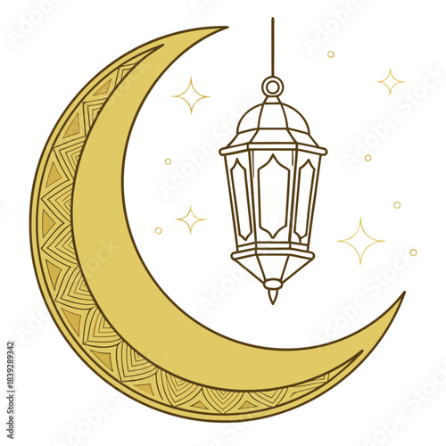 Golden crescent moon with ornamental interior and a lantern hangs beside it on white