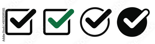 Collection of four check mark icons in squares and circles, illustrating correct selection and approval