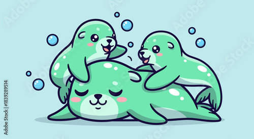 Adorable baby seals playing together in a cute cartoon illustration.