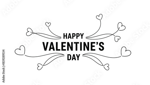 A black and white graphic design wishing 'Happy Valentine's Day' with decorative heart-shaped flourishes and elegant lines, perfect for a romantic celebration.