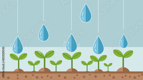 Green sprouts growing in soil with blue water droplets falling from above, illustrating growth and irrigation.
