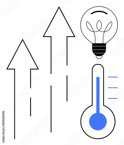 Business growth, innovation, energy efficiency, sustainability, performance improvement, strategy development. Arrows rising, light bulb and thermometer visuals. Innovation and business growth