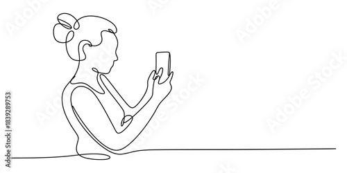 Continuous line drawing of woman using smartphone