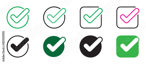 Check mark icons set, vector illustration of various linear and solid checkmark symbols