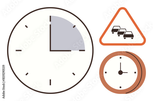 Series of clocks highlighting time measurement, triangular traffic sign indicating congestion. Ideal for scheduling, punctuality, delay, transportation, planning, deadline traffic management. Simple