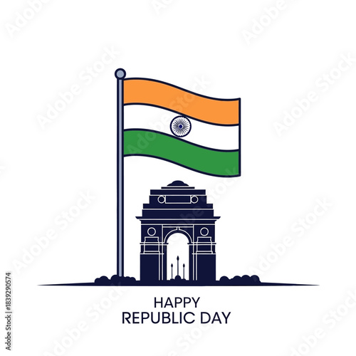 Indian Republic Day celebration with national flag and India Gate silhouette.