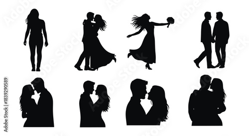 Romantic couple silhouettes depicting various stages of love celebration and wedding moments