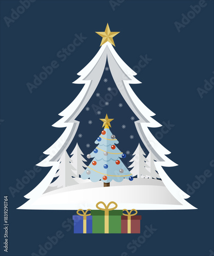 Escena de navidad con árbol de papel cortado y regalos