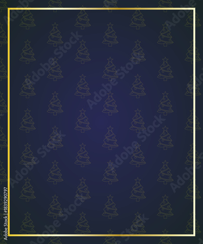 Fondo azul oscuro con patrón de árbol de navidad y marco dorado