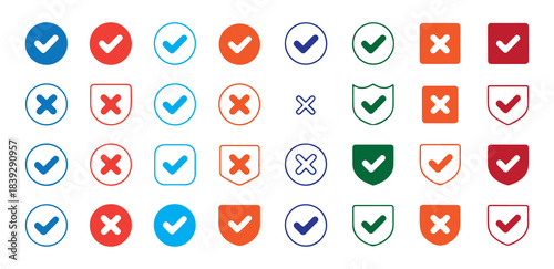 Set of four check mark icons inside a circle vector illustration design with different colors