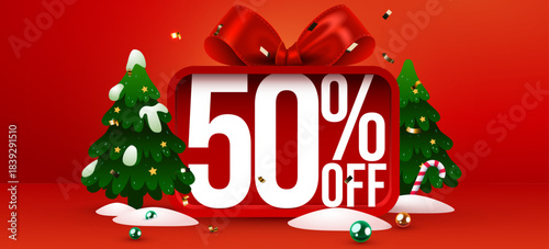 Red Christmas Sale Banner with 50 percents Off Discount. Festive holiday promotion, decorated with trees and a bow. Vector illustration