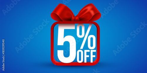 Vibrant 5 OFF discount banner with a shiny red gift bow. Perfect for sales and promotions. Vector illustration