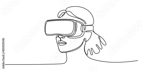 Continuous line drawing of person in vr headset