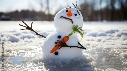 Melting Snowman Expresses Sadness, Winter Ending, Holds Carrot
