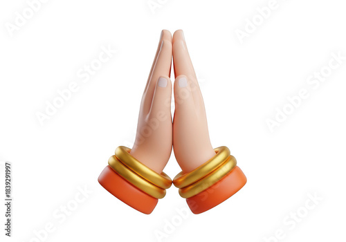 3D Praying Hands with Golden Bangles, Namaste Gesture, White Background