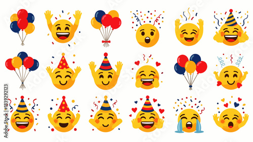 Celebratory emojis with balloons and confetti express joy and excitement for parties and special occasions.