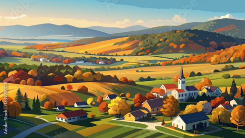 Very beautiful aerial view of Bennington, Vermont, featuring rolling hills, autumn forests, and charming rural textures under bright clear daylight.