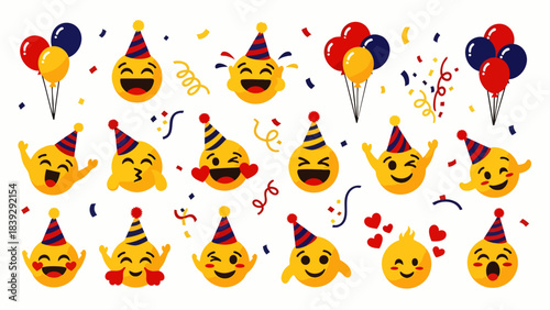 Joyful yellow emoji faces wearing party hats celebrate with colorful balloons and confetti, conveying happiness and festivity.