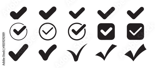 Minimalist black check mark icons in diverse forms isolated on white background set