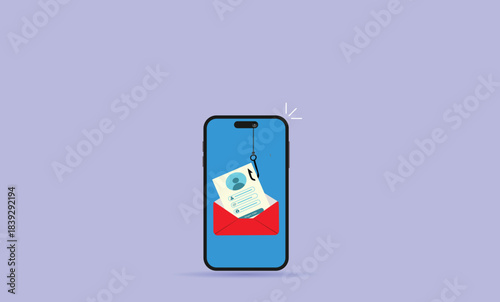 Phishing attack.Hooked login form pulled from an open envelope by a fishhook, symbolizing hacker credential theft and deceptive phishing email.