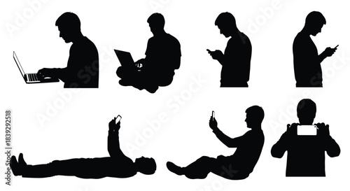 People silhouettes intensely engaging with laptops and mobile devices in various poses