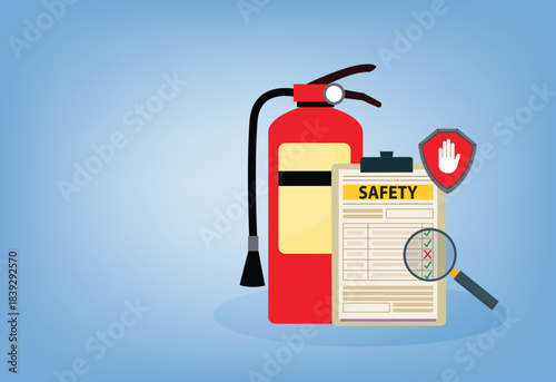 Fire fighting checklist. Extinguisher and paper tablet with checkmarks. Document at clipboard. Firefighting safety. Flame prevention checklist page. Extinguishing guidance
