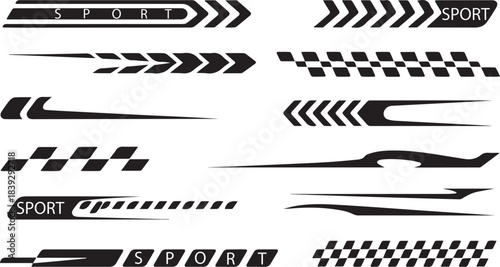 Set of modern racing stripe graphics with checkered patterns, red blue black motorsport decals, speed line elements