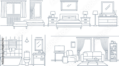 Room Layout Line Art — Front View Vector Sets for Bedroom, Bathroom, Living Room — For Architectural Plans, Interior Design, and UI Mockups — Editable Template.