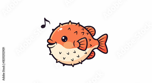 Cute Cartoon Pufferfish Singing with Musical Note.