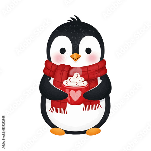 A charming cartoon penguin, adorned with a red scarf, clutching a cup of hot chocolate