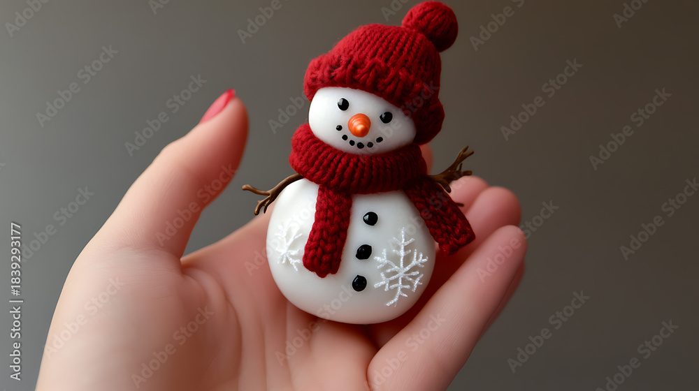 Fototapeta premium Adorable, petite snowman in hand. A symbol of winter joy, with a tiny red hat, scarf, and charming stick arms. Snowflakes adorn the base of the figurine.