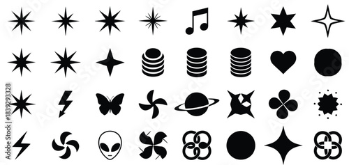 Collection of black graphic icons and symbols on white background star sparkle