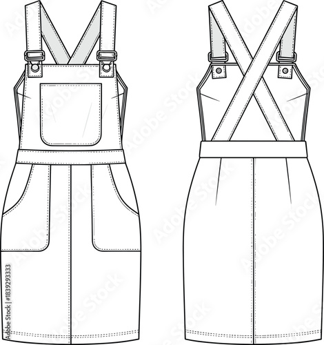 Technical Drawing of a Woman's Denim Pinafore Overalls Mini-Dress with Adjustable Buckle Straps, Front Bib Pocket, Hip Pockets, and a Cross-Back View Vector Illustration