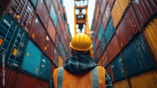 Back view of a logistics coordinator ensuring stock container in a port. 