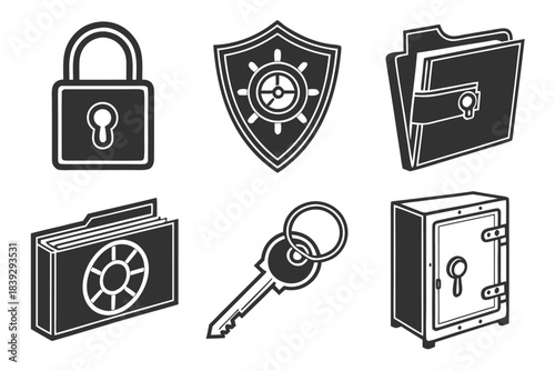 Iconic Security Elements: A compilation of essential security elements, including a padlock, shield, file folder, key, and safe.