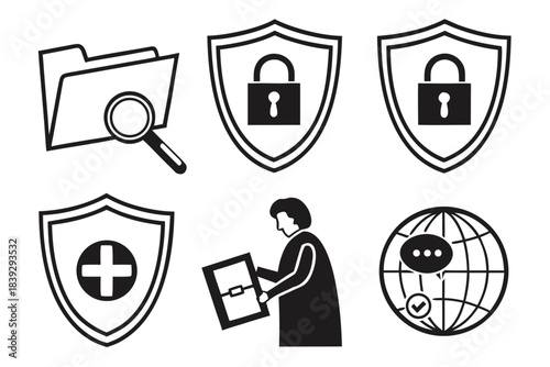 Secured Icons Set: A collection of concise icons symbolizes file security and various forms of protection in digital and physical realms.