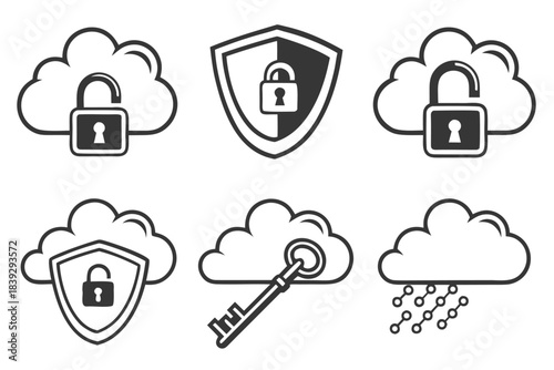 Digital Security Cloud Icons: A set of six modern icons, symbolizing data security and access control in the digital realm.  Representing a shield, a lock, and cloud imagery. 
