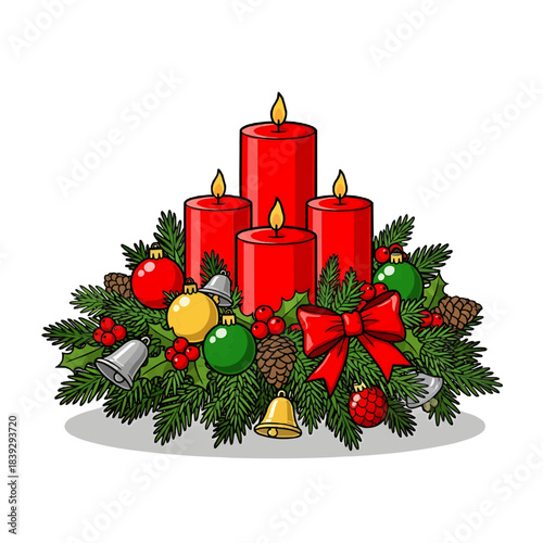 Christmas centerpiece with four red candles, ornaments, and festive decorations