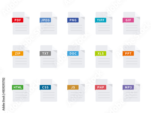 Vector Flat File Format Icons Set for Document and Web Types (PDF, DOC, ZIP, PNG, HTML, MP3) on White Background