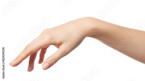 Isolated woman's outstretched hand; elegant gesture for reaching, holding, or touching