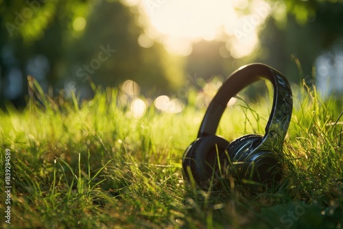 Headphones rest on green grass, sun-drenched, suggesting relaxation and nature's harmony with sound