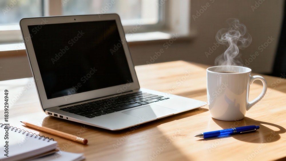Fototapeta premium Silver laptop computer with a black screen sits beside a steaming hot beverage in a white mug on a wooden office table.